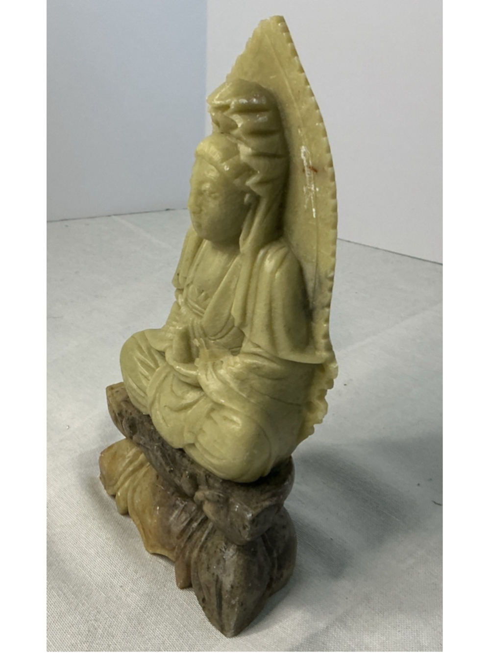 Vintage Hand-Carved Soapstone Buddha Figurine with Lotus Base, 7”tall - Picture 4 of 5
